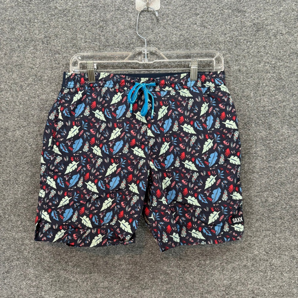 Saxx Cannonball 2N1 Swim Shorts Mens Small Blue Tropical Leaf Print Board Trunks